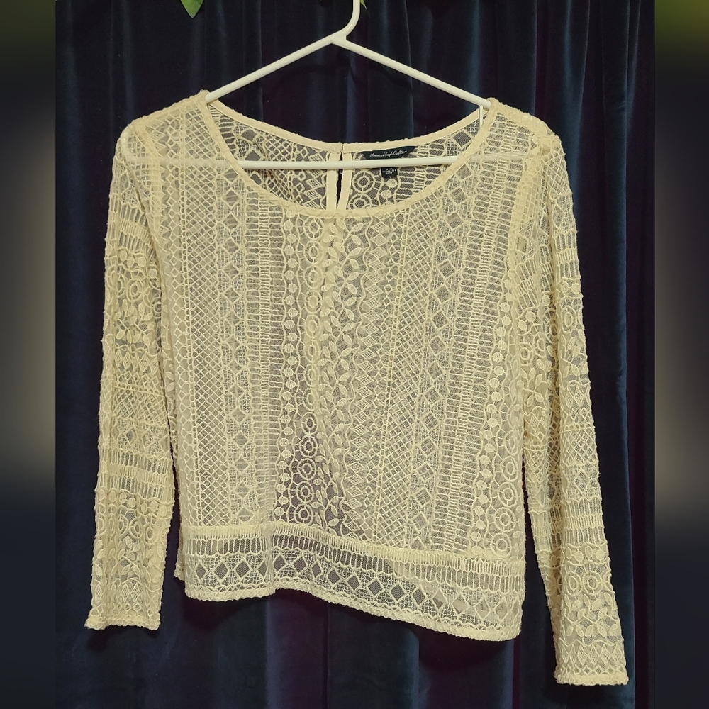 American Eagle Outfitters Cream Crochet Lace Long Sleeve Top
